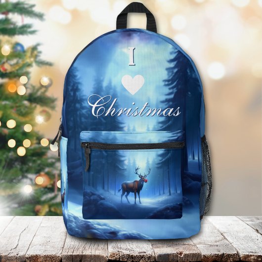 I Love Christmas Backpack Blue Winter Reindeer プリントバックパック
