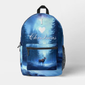 I Love Christmas Backpack Blue Winter Reindeer プリントバックパック (正面)