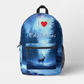 I Love Christmas Blue Winter Reindeer プリントバックパック (正面)