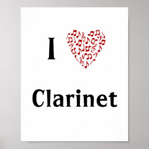 I Love Clarinet赤いハート・オブ・ミュージック・ノート ポスター