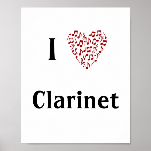 I Love Clarinet赤いハート・オブ・ミュージック・ノート ポスター (正面)