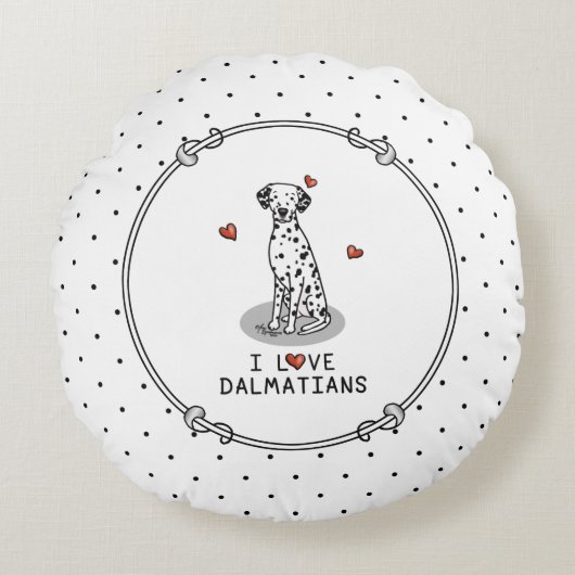 I Love Dalmatians (黒1)ハートおもしろい ラウンドクッション (正面)