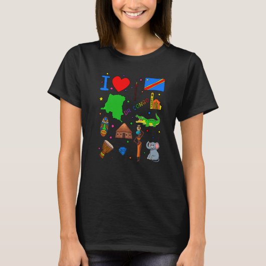 I love DR Congo Hand drawn Congolese Landmarks fla Tシャツ (正面)