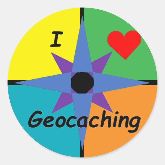 I Love Geocachingステッカー(大) ラウンドシール (正面)