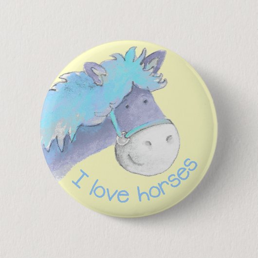 I love horses button/badge blue & yellow 缶バッジ (正面)