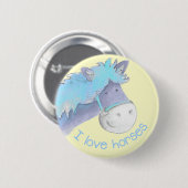 I love horses button/badge blue & yellow 缶バッジ (正面&裏面)