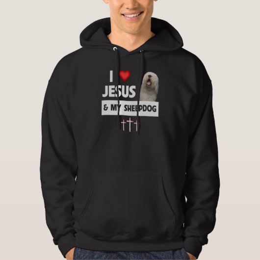 I Love Jesus and My Old English Sheepdog Mom Dad C パーカ (正面)