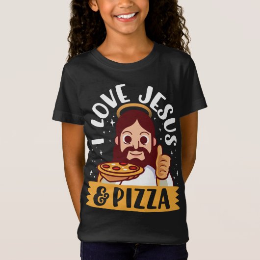 I Love Jesus & Pizza Peperoniクリスチャン漫画B Tシャツ (正面)