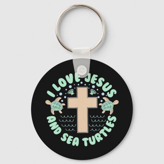 I Love Jesus & Sea Turtles Christian Faith Cross B キーホルダー (正面)