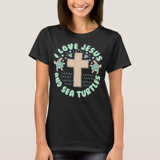 I Love Jesus & Sea Turtles Christian Faith Cross B Tシャツ (正面)