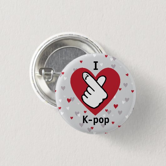 I Love K-pop Red Grey Finger Heart Button 缶バッジ (正面&裏面)