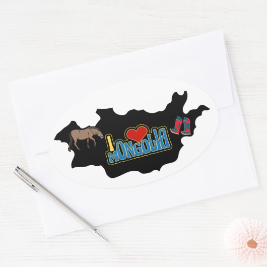 I Love Mongolia Mapモンゴル馬グタルブーツ 楕円形シール (封筒)