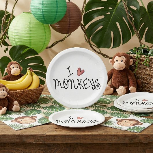 I Love Monkeys Cute Handwritten Typography ペーパープレート