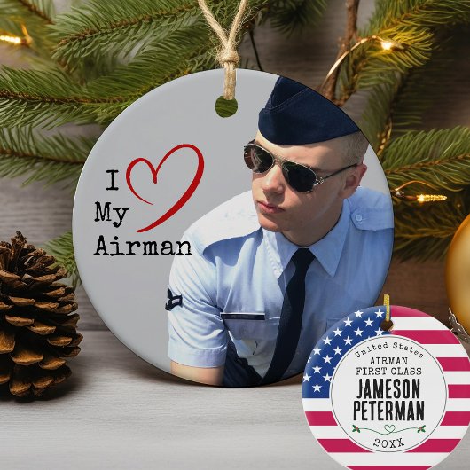 I Love My Airman I Soldier Name I軍隊写真 セラミックオーナメント