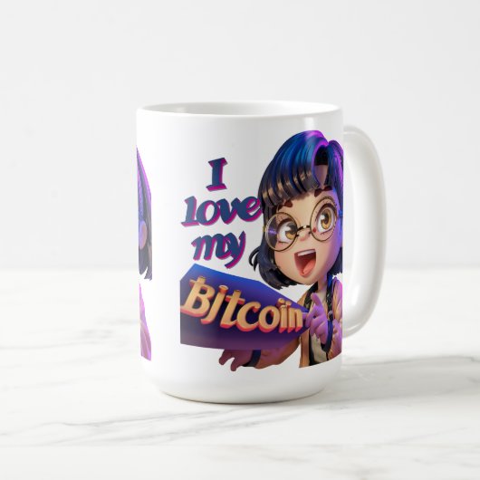 I Love My Bitcoin – 漫画デザイン コーヒーマグカップ (正面右)