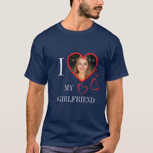 I Love My Girlfriend Custom Heart Photo Blue Tシャツ (正面)