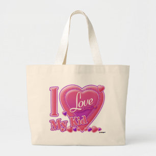 I Love My Kid pink/purple - ハート ラージトートバッグ