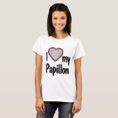 I Love My Papillon -赤いハート犬の恋人の写真 Tシャツ (正面フル)