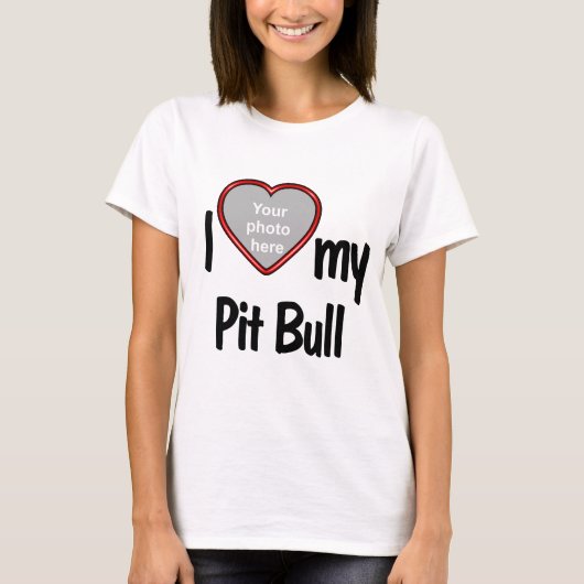 I Love My Pit Bull – かわいいおもしろいハートフォトフレーム Tシャツ (正面)