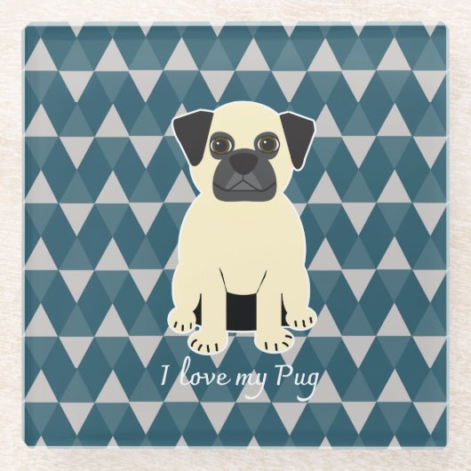 I love my Pug, Blue diamonds pattern ガラスコースター (正面)