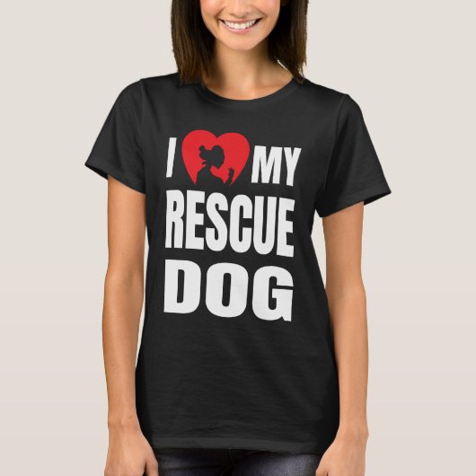 I Love My Rescue Dog with Dog Silhouette in Heart Tシャツ (正面)
