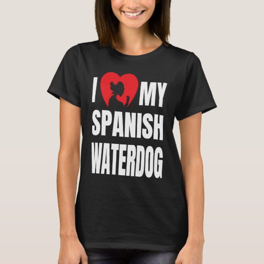 I Love My Spanish Waterdog Dog Silhouette in Heart Tシャツ (正面)
