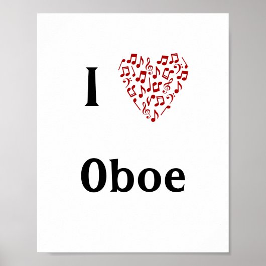 I Love Oboe Music Notesの赤いハート ポスター (正面)