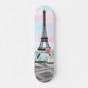 I Love Paris -エッフェルタワーとブーケの花 スケートボード
