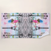 I Love Paris – ピンクかわいらしハートバルーン付きレディ ビーチタオル (正面)