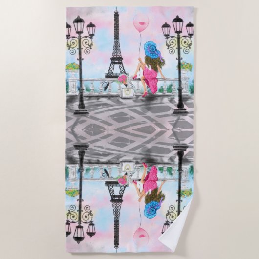 I Love Paris – ピンクかわいらしハートバルーン付きレディ ビーチタオル (正面)