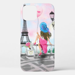 I Love Paris – 女性とかわいらしピンクのハートバルーン iPhone 12ケース