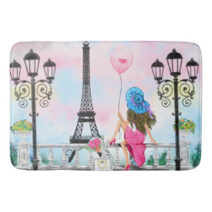 I Love Paris Bath Mat – ピンク色の風船を持つ女性 バスマット