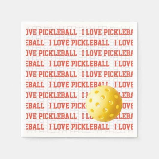 I LOVE PICKLEBALLスポーツおもしろいイエローボールネット文字 スタンダードカクテルナプキン (正面)