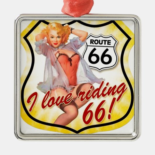 I Love Ridding Route 66 Pin Up Girl メタルオーナメント (正面)