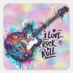I Love Rock N Rollエレキギター音楽アートブルー スクエアシール