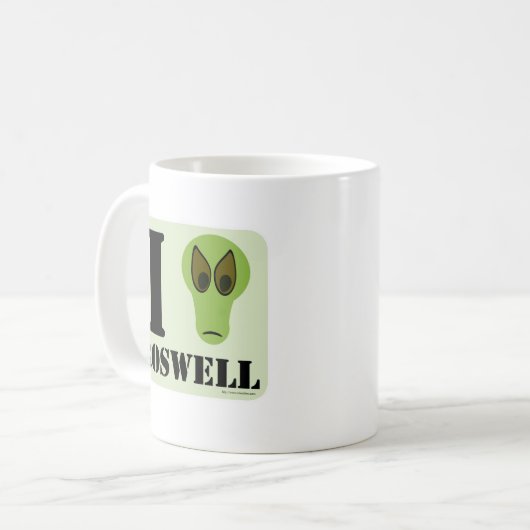 I Love RoswellおもしろいエイリアンロゴUFOデザイン コーヒーマグカップ (正面左)