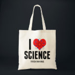 I Love Science パーソナライズされた Scientist Atom Model トートバッグ<br><div class="desc">かわいい私はあなたの名前と科学トートバモノグラムのッグが大好き。ハートの前に原子モデルを備える。科学ギークのための完璧な先生ギフト。</div>