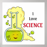 I Love Science Chemistry Flask ポスター<br><div class="desc">かわいい幸せな化学フラスコの上に泡立つ緑の流体。横に私は黒と赤のレタリングで科学を愛する言葉である。</div>