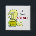 I Love Science Chemistry Flask 缶バッジ<br><div class="desc">かわいい幸せな化学フラスコの上に泡立つ緑の流体。横に私は黒と赤のレタリングで科学を愛する言葉である。</div>