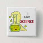 I Love Science Chemistry Flask 缶バッジ<br><div class="desc">かわいい幸せな化学フラスコの上に泡立つ緑の流体。横に私は黒と赤のレタリングで科学を愛する言葉である。</div>