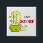 I Love Science Chemistry Flask 缶バッジ<br><div class="desc">かわいい幸せな化学フラスコの上に泡立つ緑の流体。横に私は黒と赤のレタリングで科学を愛する言葉である。</div>