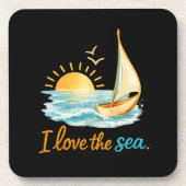 I Love the Sea Sailboat Sunset Ocean Illustration  コースター (正面)