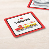 I Love Trains カラフル Kids写真名パーティー スクエアペーパーコースター (アングル)