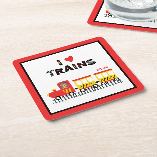 I Love Trains カラフル Kids写真名パーティー スクエアペーパーコースター (アングル)