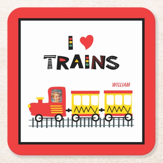 I Love Trains カラフル Kids写真名パーティー スクエアペーパーコースター (正面)
