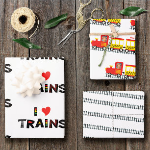 I Love Trains Kids Photo and Name Patternパーティー ラッピングペーパーシート