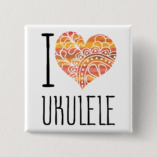 I Love Ukulele Orange Mandala Heart 缶バッジ (正面)