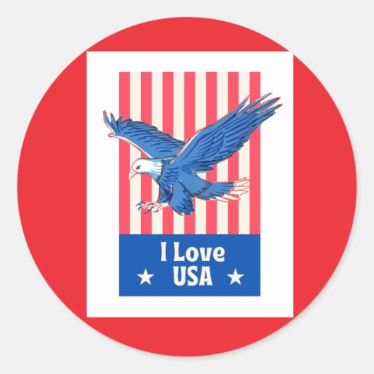 "I Love USA"青い鷲がアメリカ国旗のステッカーを舞う ラウンドシール (正面)