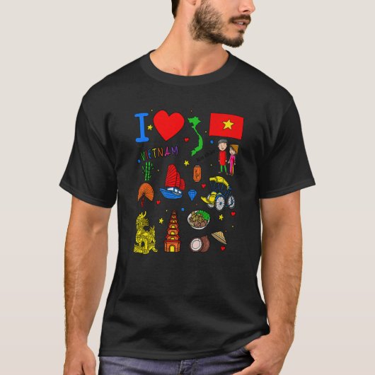 I love Vietnam Hand drawn Vietnamese Landmarks fla Tシャツ (正面)