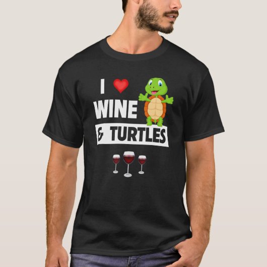 I Love Wine and Turtles Drinking Glass Tortoise Re Tシャツ (正面)